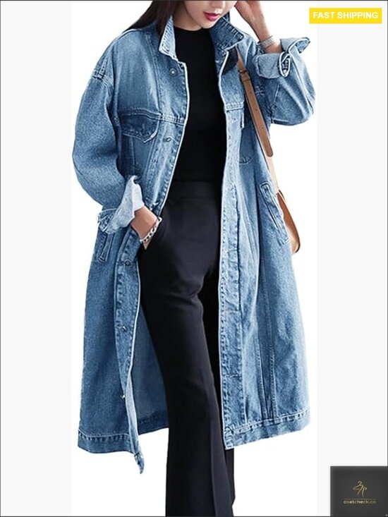 Jackets & Blazers - Classic Denim Trench Coat Oversized Loose Fit Long Sleeve Button Down Jacket